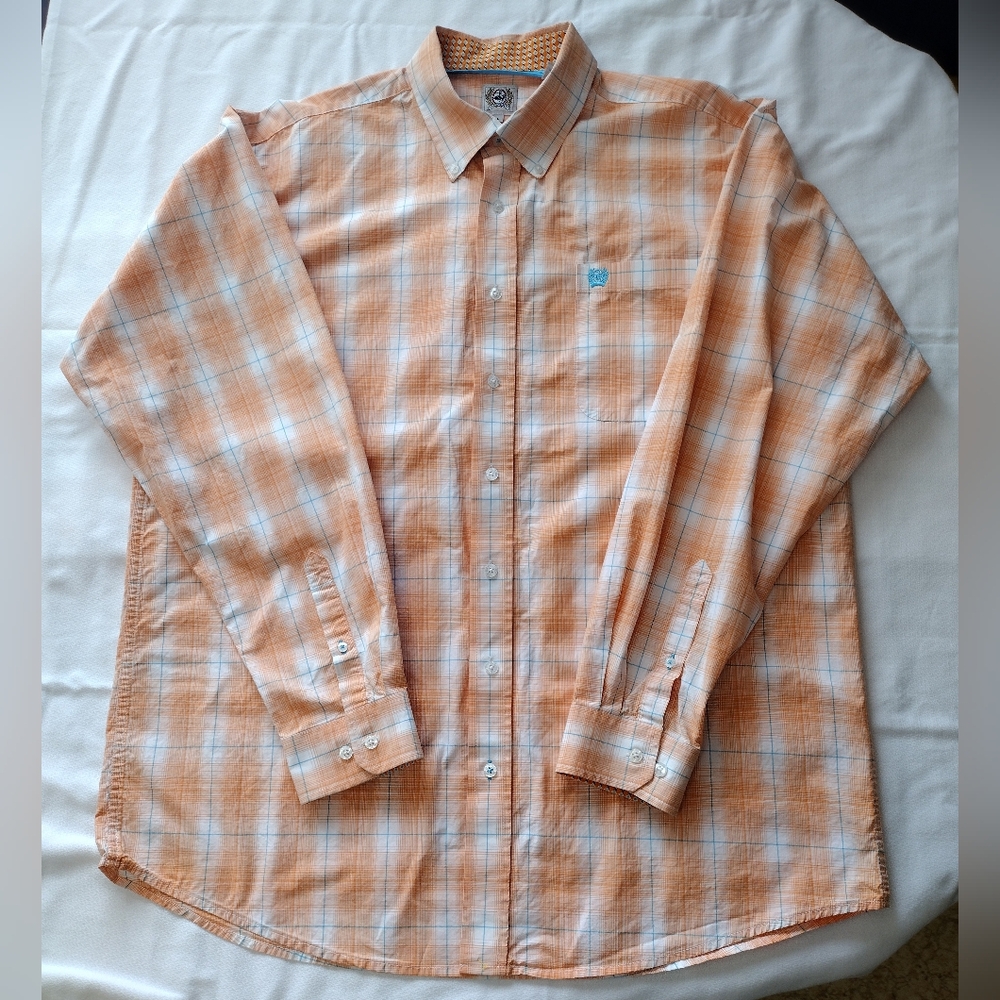 CINCH Men's Western shirt Size L Plaid Orange White and Blue Longsleeve